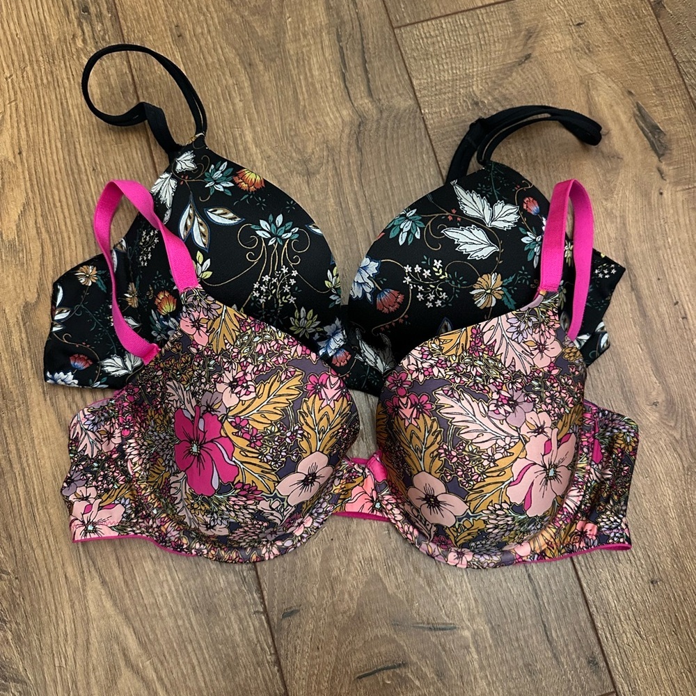 Victoria's Secret Y2K Floral Bra Set - Black‎ and Pink 38B EUC full coverage